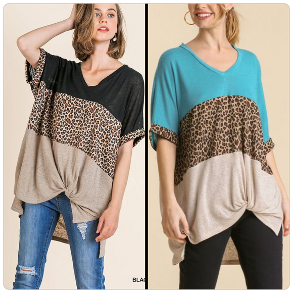 Leopard Horizontal Colorblock Side Knot Top
