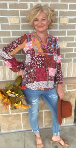 Floral Patchwork Embroidered Boho Top - Burgundy