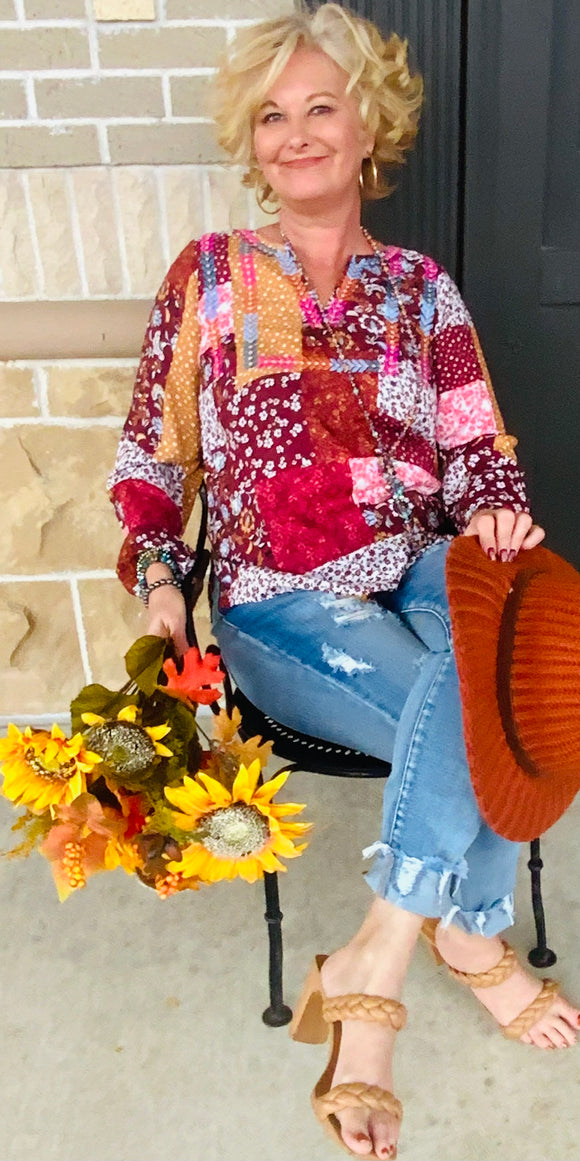 Floral Patchwork Embroidered Boho Top - Burgundy