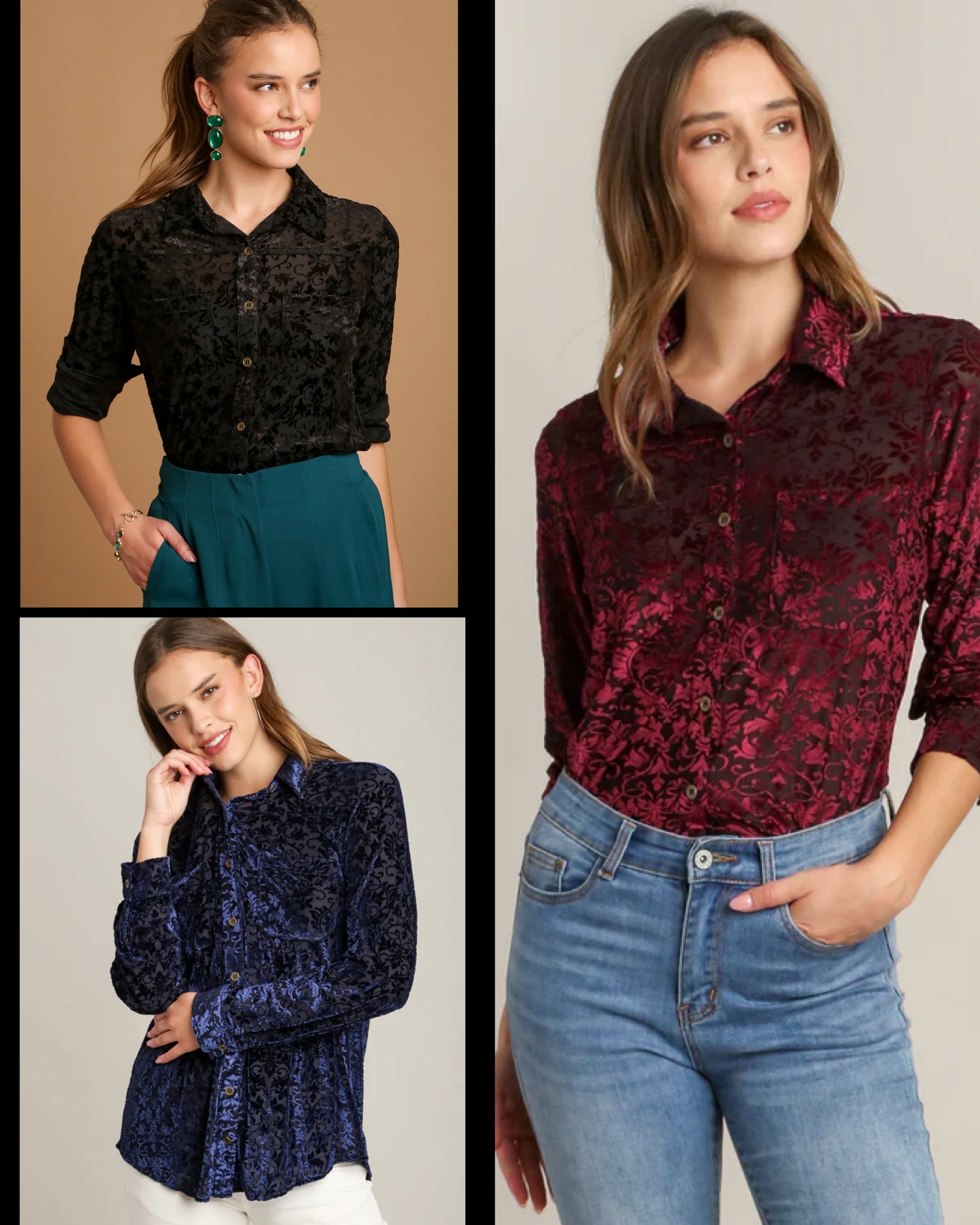 Two-Tone Stretch Floral Velvet Burnout Button Down Shirt – Haute