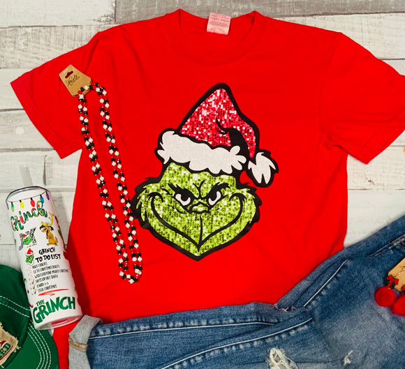 Sparkly Mr. Grinch Graphic Tee - Red