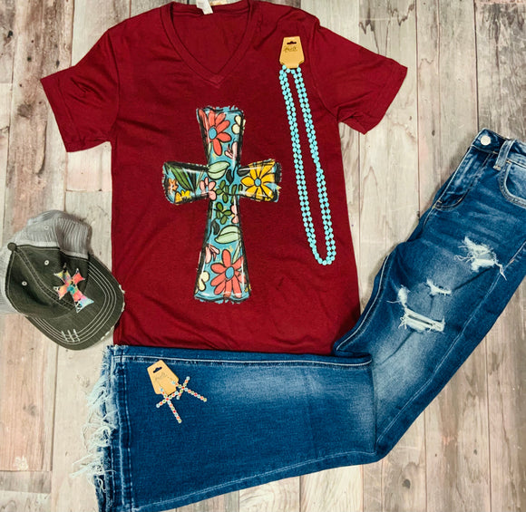 Floral Bubble Cross Graphic Tee - Burgundy