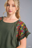 Frayed & Floral Embroidered Sleeve Top