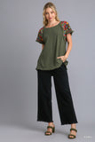Frayed & Floral Embroidered Sleeve Top