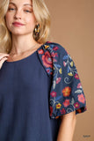 Linen Blend Balloon Sleeve Embroidered Top