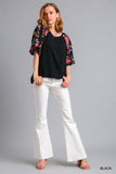 Linen Blend Balloon Sleeve Embroidered Top