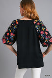 Linen Blend Balloon Sleeve Embroidered Top