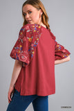 Linen Blend Balloon Sleeve Embroidered Top