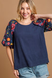 Linen Blend Balloon Sleeve Embroidered Top