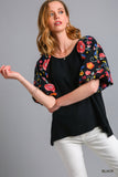 Linen Blend Balloon Sleeve Embroidered Top