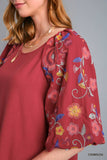 Linen Blend Balloon Sleeve Embroidered Top