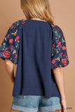 Linen Blend Balloon Sleeve Embroidered Top