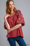 Linen Blend Balloon Sleeve Embroidered Top