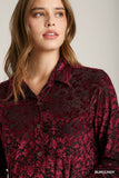 Two-Tone Stretch Floral Velvet Burnout Button Down Shirt