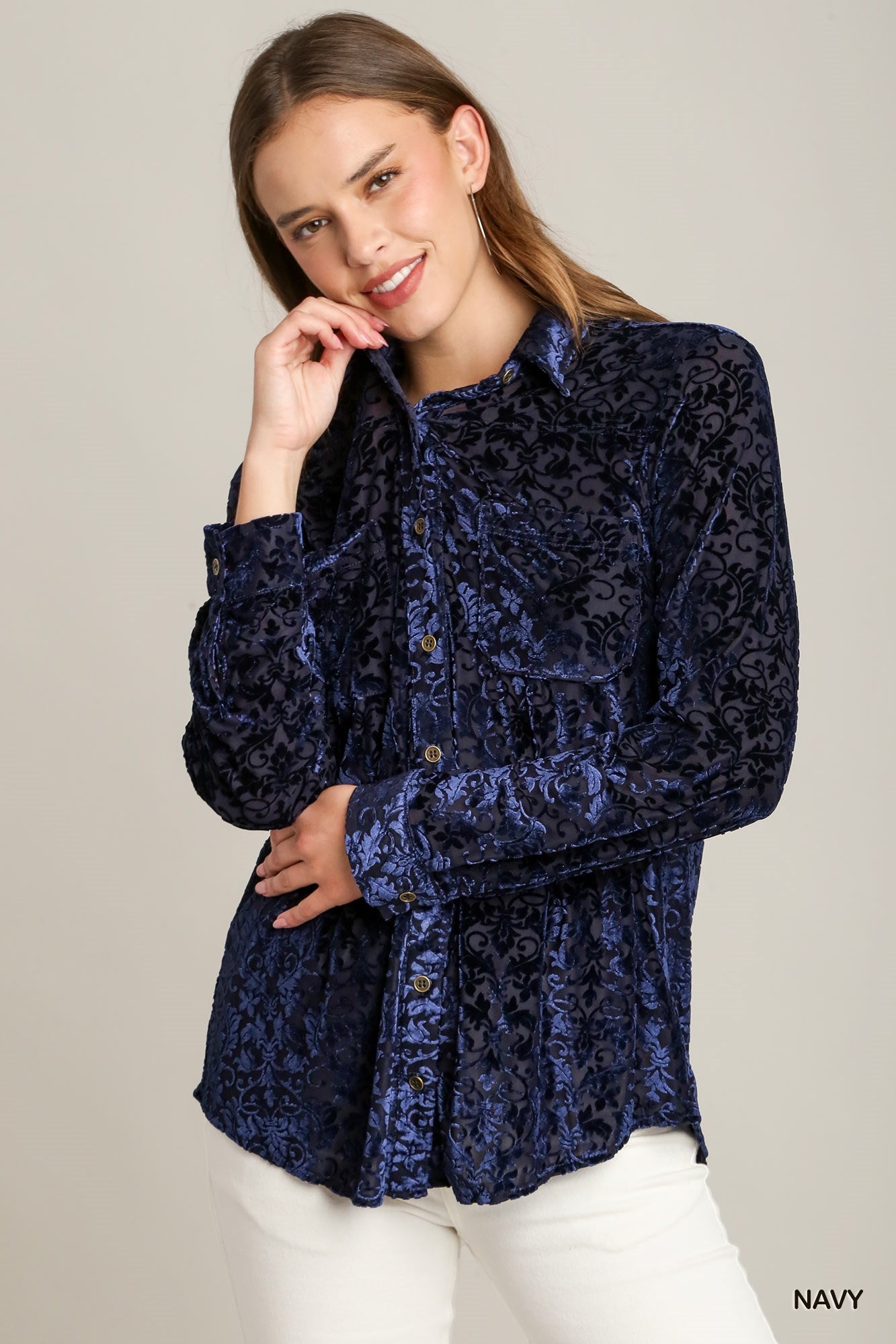 Two-Tone Stretch Floral Velvet Burnout Button Down Shirt – Haute Boutique
