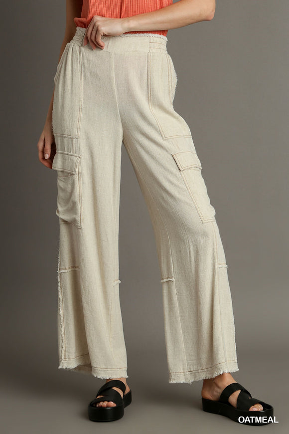 Contrast Stitch Wide Leg Pants With Fray Side Pockets - Oatmeal