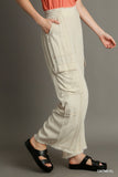 Contrast Stitch Wide Leg Pants With Fray Side Pockets - Oatmeal