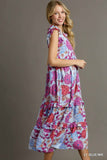 Ruffle V-Neck Front Tie Tiered Maxi Dress - Floral Blue