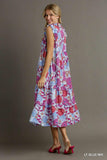 Ruffle V-Neck Front Tie Tiered Maxi Dress - Floral Blue