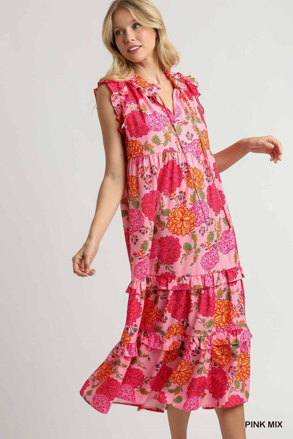 Floral Print Ruffle V-Neck Front Tie Tiered Maxi Dress - Pink