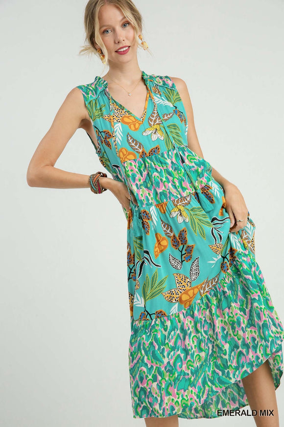 Floral Mixed Print Tiered Midi Dress with Tassel Front Tie  - Emerald