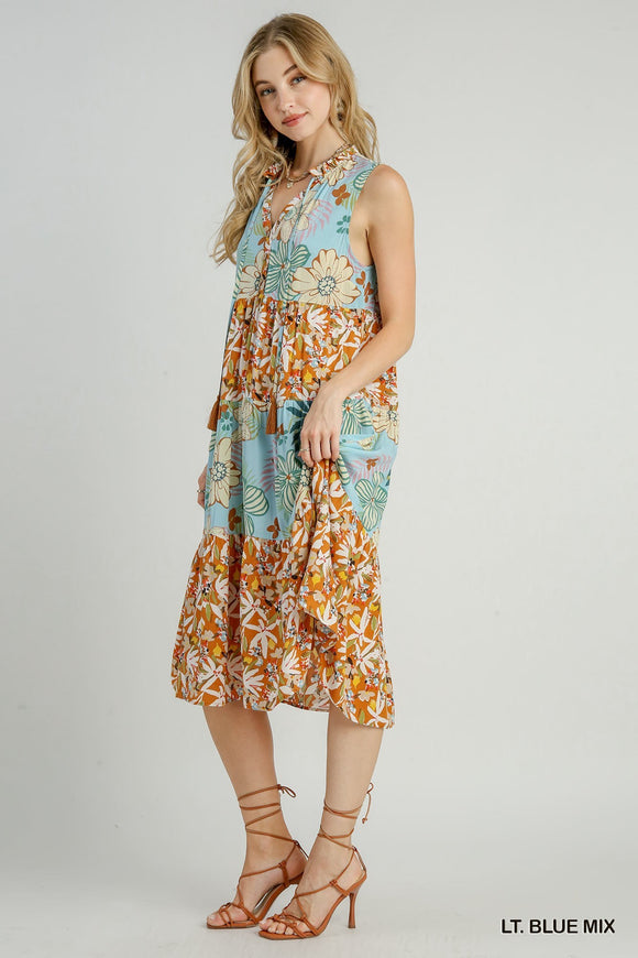 Floral Mixed Print A-Line Midi Dress with Ruffle Neck Tie Front - Lt Blue