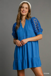 Heart Lace Sleeve Ruffle Neck Dress - Royal Blue