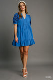 Heart Lace Sleeve Ruffle Neck Dress - Royal Blue