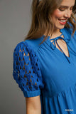 Heart Lace Sleeve Ruffle Neck Dress - Royal Blue