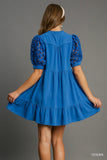 Heart Lace Sleeve Ruffle Neck Dress - Royal Blue