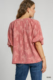 Light Burnout Split Neck Bubble Sleeve Top