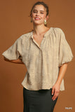 Light Burnout Split Neck Bubble Sleeve Top