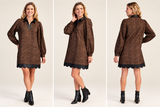 Leopard Print Contrast Collar Scallop Hem Mini Dress - Brown/Black