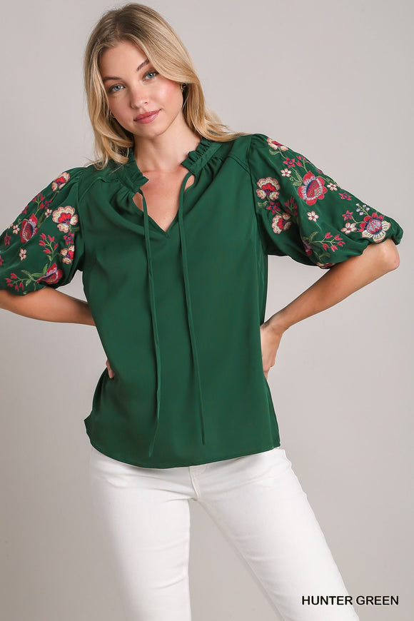 Embroidery Puff Sleeve Top with Drawstring
