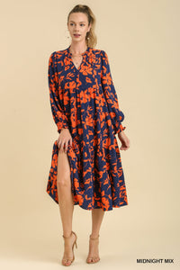 Floral Print Tiered Midi Dress With Ruffle And V-Neck Orange/Navy