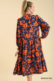 Floral Print Tiered Midi Dress With Ruffle And V-Neck Orange/Navy