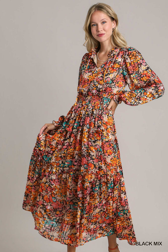 Metalic Floral Maxi Dress With Smocked Waistband