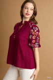 Split Neck Puff Embroidery Sleeve Drawstring Top