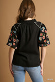 Split Neck Puff Embroidery Sleeve Drawstring Top