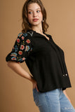 Split Neck Puff Embroidery Sleeve Drawstring Top