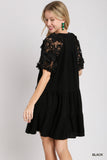3D Floral Linen Tiered A - Line Dress - Black