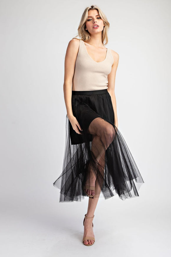 Mesh A-Line Sheer Midi Skirt - Black