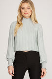 Pleated Woven Top with Smocked Neckline Top - Light Slate