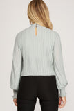 Pleated Woven Top with Smocked Neckline Top - Light Slate