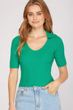 Mid Sleeve Collared Cropped Sweater Top