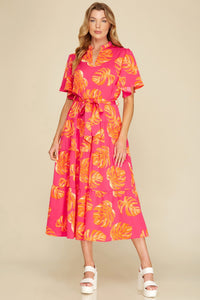 Tropical Leaf Tiered Midi Dress
