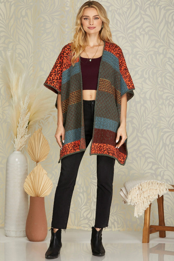 Multi-Color Block Poncho Sweater - Rust/Teal