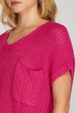Loose Knit Short Sleeve Pocket Sweater - Fuschia