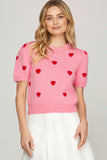 Puff Sleeve Heart Pattern Cropped Sweater