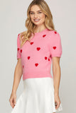 Puff Sleeve Heart Pattern Cropped Sweater